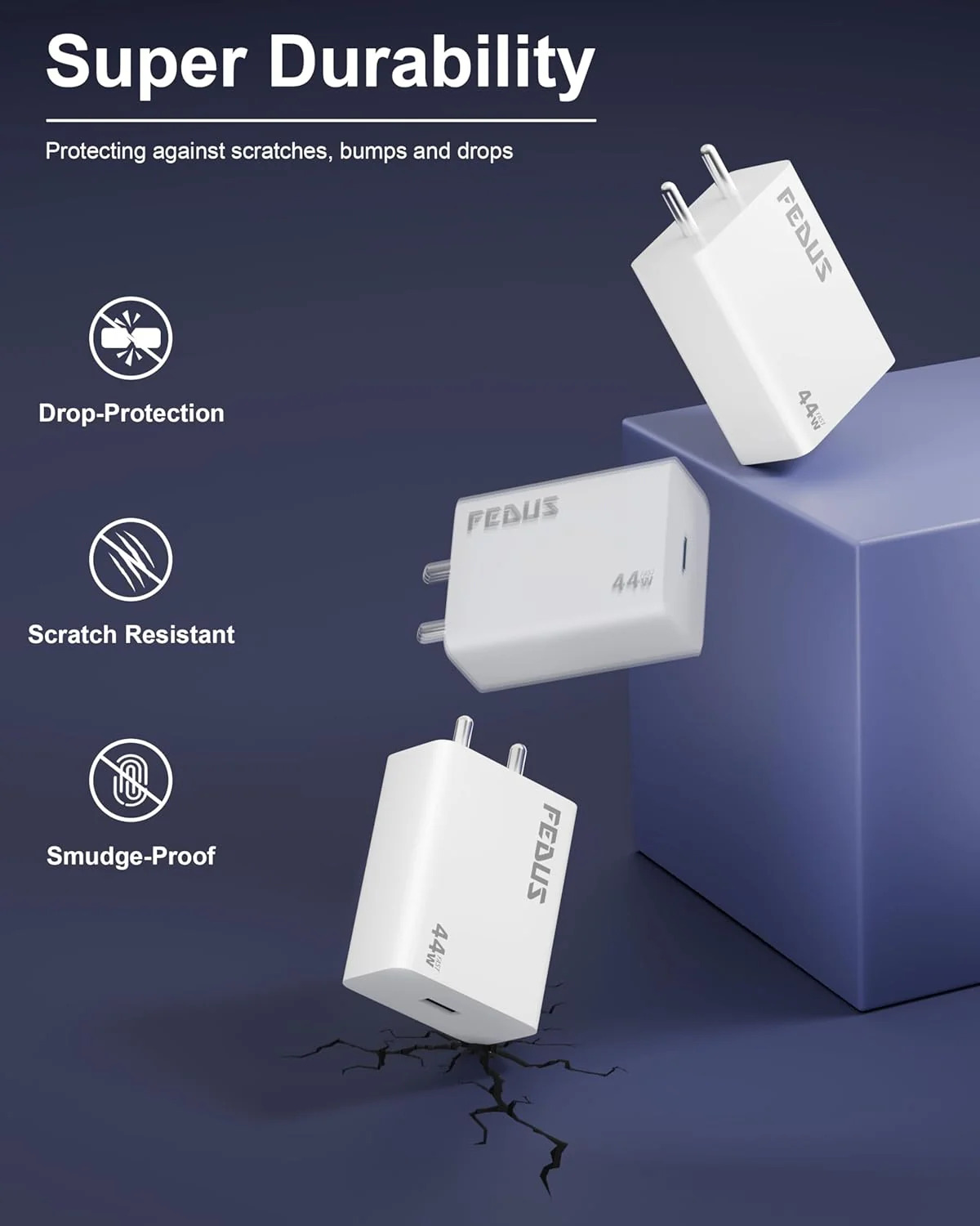 FEDUS Vivo 44W C-Type Flash Fast Charger Adapter for Vivo V40, V40 Pro, V40e, Y300 5G, Y28E, Y28S, T3 Lite, Y58, Y200 Pro, V30E, Y18I, Y18, Y18E, V30, V30 Pro, V29, Iqoo Z9X, T2 Pro, Iqoo 9, Neo 7 Pro | USB C 44 w