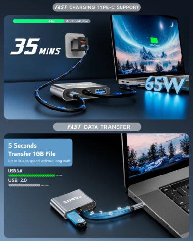 FEDUS USB Hub Type C Hub, USB C Hub, USB Type C to 4K HDMI adapter Converter, Type C to USB 3.0@5gbps Type a Converter With 65W Power Delivery for MacBook Pro/Air, iPhone, Phones, Tablets, Pc Computer